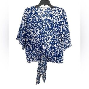C by One Boho Paisley Damask Print Top Blouse Tie Front V-neck White Blue Large